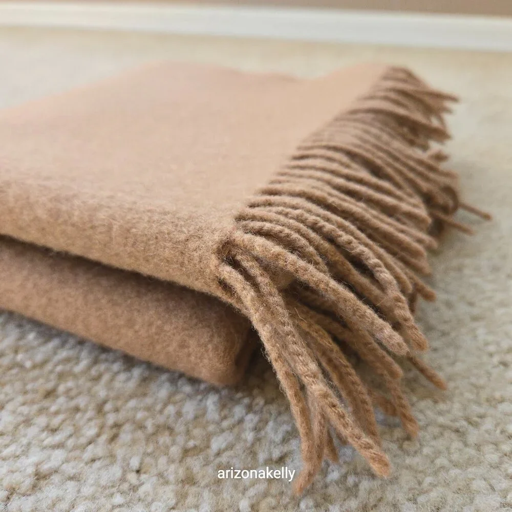 Classic Camel-colored Wool Scarf with Fringe Tan